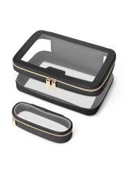 Soimeat Travel Clear Makeup Bag with Makeup Brush Bag, Leather Makeup Case Toiletry Bag, Portable Cosmetic Bag Case, Transparent Waterproof Cosmetic Organizer Storage Bag for Women, Black