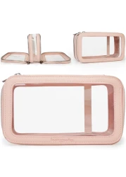 Pink Clear Makeup Bag for Women with Zipper Case Organizer, Transparent Clear Cosmetic Bags for Women, See Through Clear Make Up Bag for Women, Clear Travel Makeup Bag, Small Make Up Bag for Traveling