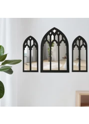 DNAMYJME 3pack Arched Window Wall Mirror Wood Framed Wall Decor Vintage Rustic Window Shape Mirror Sticker Decorative Farmhouse Gothic Cathedral Entry Mirrors for Living Room Bathroom Bedroom(B)