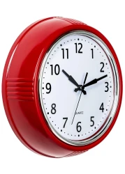 Bernhard Products Retro Wall Clock 9.5 Inch Red Kitchen 50's Vintage Design Round Silent Non Ticking Battery Operated Quality Quartz Clock