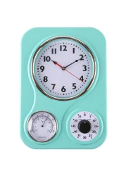 Lily's Home Retro Kitchen Wall Clock, with a Thermometer and 60-Minute Timer, Ideal for Any Kitchen, Turquoise (9.5 in x 13.3 in)