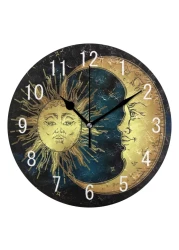 ALAZA Home Decor Golden Sun Crescent Moon Star Sky Round Acrylic 9.5 Inch Wall Clock Non Ticking Silent Clock Art for Living Room Kitchen Bedroom
