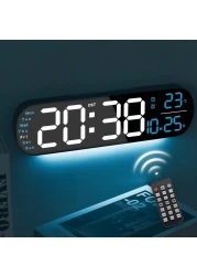 YUANRANER 13.7" Digital Wall Clock Large Display with Remote Control,Dual Alarm,Auto-Dimming,Big Digits,Auto DST Clock for Bedroom Living Room Decor with 9 Adjustable Ambient Night Lights-Blue