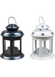 LAVISH 2-PACK Vintage Hanging Lantern Tea Light Candle Holder, Arabic Lantern For Ramadan, Home decor tabletop Indoor &amp; Outdoor (BLACK+WHTIE)