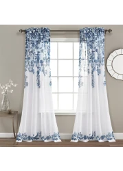 Lush Decor Tanisha Curtains - Sheer Window Panel Set - Floral Vine Print, Beautiful, Modern, Elegant Home Decor - 38" W x 84" L, Navy &amp; White