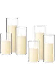 Shihanee Set of 6 Pillar Candles and Glass Cylinder Vases Clear Cylinder Candle Holders for Slim Tall Pillar Candles Wedding Centerpieces(2.6'' x 4.7'', 5.9'', 7.9'',Ivory White)