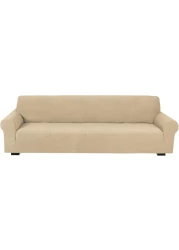 Stretch Fit 4-Seater Sofa Cover Cream Soft Brushed Fabric Couch Cover Full Coverage Furniture Protector Slipcover Four Seater Fits on Standard and Recliner Sofa 235-300cm Size