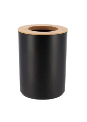 Black Waste Bin With Bamboo Lid