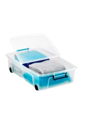 Strata, Made in UK, Plastic Underbed Storage Box with Wheels, Storage box with Lid and Handle, 35 liters- 69.5 L X 45.5 W X 18 H cm, STR-XW696-CLR/CLR-EX