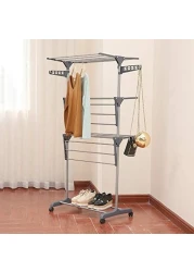 A/V Clothes Drying Rack, 3 Tier Rolling Dryer Clothes Hanger, Collapsible Garment Laundry Rack With Foldable Wings And Casters Indoor/Outdoor, Large Standing Rack Stainless Steel Hanging Rods(Gray)