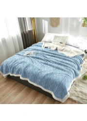 Fabienne Jacquard Sherpa Blanket Single Size 160x220cm Faux Fur Bed Blanket Reversible Warm Cashmere Blanket Blue Grey for Throw Bed Sofa Travel Couch