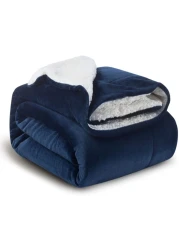Fabienne Sherpa Blanket Single Size Twin Plush Throw Bed Blanket, 160X220cm, Flannel Fleece Reversible Lamb Blanket, Navy Blue