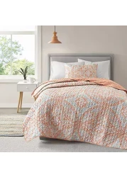 Comfort Spaces Reversible Quilt Set-Vermicelli Stitching Design All Season, Lightweight, Coverlet Bedspread Bedding, Matching Shams, Twin/Twin XL (66 in x 90 in, Gloria Damask Coral 2 Piece