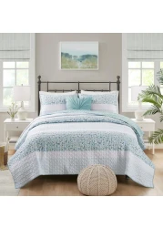 Madison Park Queen Quilt Set Seersucker Floral Coverlet All Season Lightweight Microfiber Bedding Quilt Set Vermicelli Quilting Design Throw Pillow Caralie FullQueen Aqua 4 Piece