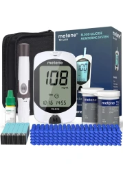 MeteneTD4116 Blood Glucose Monitor Kit 100 Glucometer Strips 100 Lancets 1 Blood Sugar Monitor Blood Sugar Test Kit with Control Solution Lancing Device No Coding Large Display