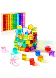 Meooeck 60 Pcs Acrylic Gem Cubes Blocks Translucent Rainbow Building Cubes Crystal Educational Sensory Training Stacking Toys with Wooden Storage Boxes School Supplies Birthday Gift