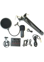 Mike Music Multifunctional Live Sound Card &amp; Bm800 Suspension Microphone Kit Broadcasting Condenser Microphone Set With Blutooth (Sound Card Full Set, Black)