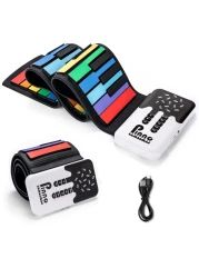 POGOLAB 49 Key Roll Up Keyboard Piano, Portable Digital Electric Foldable Piano Keyboard, Rechargeable, 8 Tones, 6 Educational Demo Songs, for Beginners Gift (Rainbow)