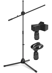 Mike Music Microphone Stand, Upgraded Mic Stand With Dual Mic Clip Holders Adjustable Collapsible Tripod Boom Stands (M2)
