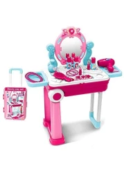 2 in 1 Pretend Play Kids Vanity Table and Chair Beauty Mirror and Accessories Play Set with Trolley Fashion Makeup Accessories for Girls