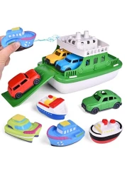 Toy Boat Bath Toys for Toddlers with 4 Mini Car Toys and 4 Bath Boat Squirters, Kids Ferry Boat for Bathtub Bathroom Pool Beach Toys