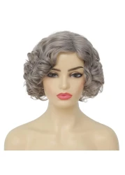 Amnenl Grey Short Curly Wig for Women Finger Wave Wigs Natural Heat Resistant Synthetic Hair for Daily Costume Party Halloween Wig