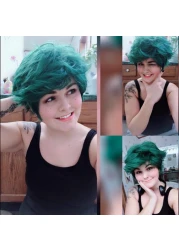 TOPHR Short Green Wig Curly Wave Heat Resistant Fiber Synthetic Cosplay Wigs for Halloween or Christmas Day Wear(Dark Green)