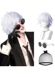 Anogol Hair Cap+(1 Black Glasses) Satoru Gojo Cosplay Wig Short Silver Fluffy Wig for Jujutsu Kaisen Cosplay Silver Mix Light Purple Men Synthetic Hair with Bangs Costume Wig for Halloween Party Anime