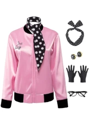 FORTMAC 1950s Pink Satin Jacket,50s Costumes for Women Ladies Jacket with Polka Dot Scarf Headband and Earrings Halloween S