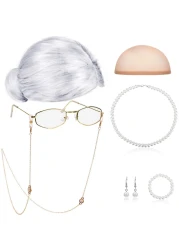 Gejoy 7 Pcs Old Lady Wig Costume for Women Grandma Gray Hair Wig Cap Glasses Chain Pearl Bead Necklace for Cosplay Costume(Sliver White Bun Wig)