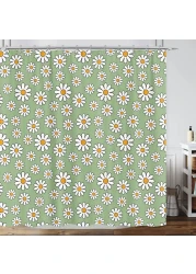 Retro 70S Floral Sage Green Shower Curtain for Bathroom, Vintage 80S 60S Hippie Shower Curtain, Groovy Colorful Funky Aesthetic Minimalist Daisies Flower Boho Shower Curtain Set Polyester 72X72 Inch