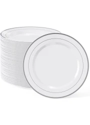 10" Disposable Plastic Plates, White &amp; Gold Color, 46g Weight, Pack of 120 Plates