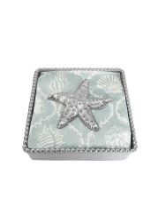 MARIPOSA SEA STAR BEADED NAPKIN BOX SET SILVER BRILLANTE GIFTS NAPKIN BOX &amp; WEIGHT SET RECYCLED SANDCAST ALUMINUM HANDMADE IN MEXICO