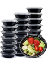 Go2Camps Alsaqer [20 Pack] Compartment Round Black Base With Lids Food Storage Container(32 Oz) Ro32, Disposable Food Container, Meal Containers, Lunch Boxes Microwave, Freezer Safe (1 - Compartment)