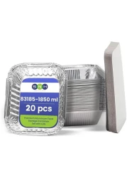 Disposable Aluminium Rectangle Containers 1850ml With Lids Heavy Duty Aluminum Foil Trays Containers With Board Lids For Cooking, Roasting, Baking - Pack Of 20 Pieces.
