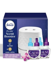 Febreze PLUG Scent Booster Starter Kit, Oil Diffuser, Air Freshener Plug In, Continuous Scent Device + 2 Downy Calm Refills