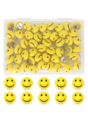 Whaline 50Pcs Resin Happy Face Push Pins Smile Face Decorative Thumb Tacks Cute Yellow Cork Board Thumbtacks for Bulletin Board Photo Wall Decor Office Supplies