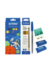 Maxi Triangular Colour Pencils Multicolour 12 PCS with Classic Hexagonal 2 HB Graphite Pencils Pen Sharpener and Eraser