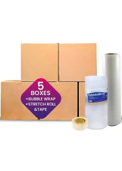 Generic Recyclable Corrugated Cardboard Boxes, Brown Carton Packaging 5 Box With Bubble Wrap, Stretch Roll &amp; Tape Bundle Offer Packing Set Of 8 Items, 58x58x78 cm