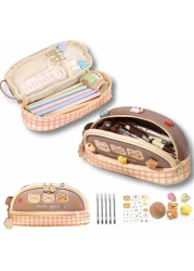 ORTROLA Double Layer Stationery Organizer Box Cute Bear Big Size Pencil Case with Compartment Office Supply Organizer Stationery Box Best Birthday Present Brown Bear