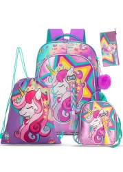 Eazy Kids - 18" Set of 4 School Bag Lunch Bag Activity Bag &amp; Pencil Case Unicorn-Pink