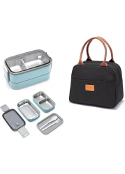 Stainless Steel Lunch Box - Insulated Bento Box Multifunctional-Containers Lunch Box with 2 Compartments &amp; Tableware(304 stainless steel) lunch box with Lunch MahMir Lunch bag (Light Blue + Lunch Bag)