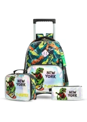 Eazy Kids - 16" Set of 3 Trolley School Bag Lunch Bag &amp; Pencil Case New York Dinosaur - Green