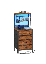 Furnulem Tall Nightstand with Charging Station, Night Stands with LED Lights and Storage Shelves, Bed Side Table for Bedroom, Hallway, Office, 4 Fabric Drawers, Rustic Brown
