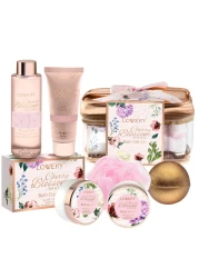 Valentines Day Bath and Body Gift Basket For Women, Cherry Blossom Home Spa Set, Body Lotion, Shower Gel, Extra Large Bath Bomb, Body Butter, Body Scrub, Bath Crystal, Puff &amp; Rose Gold Cosmetic Bag