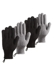 Bath Exfoliating Gloves Scrub 4 Pcs Lengthened and Large Exfoliating Scrubbing Gloves for Shower Spa Massage Scrub Exfoliating Mitts for Body Face Hand and Foot Black and Gray