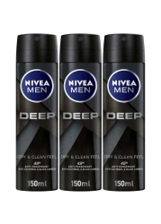 NIVEA MEN Antiperspirant Spray for Men DEEP Black Carbon 150ml Pack of 3