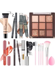 Makeup Set Kit for Women Girls Teens Makeup Present Set Includes 9 Color Eyeshadow Counter Stick Foundation Eyebrow Pencil Eyeliner Mascara Lip Gloss 5Pcs Brushes Sponge