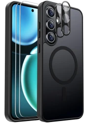 Ezanmull for Samsung Galaxy S24 FE Case Magnetic Shockproof, [Fit for MagSafe] [Glass Screen Protector + Camera Lens Protector] Translucent Anti-Fingerprint Case for Samsung Galaxy S24 FE (Black)