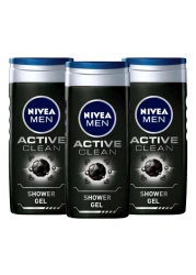 NIVEA MEN 3in1 Shower Gel Active Clean Charcoal 250ml Pack of 3